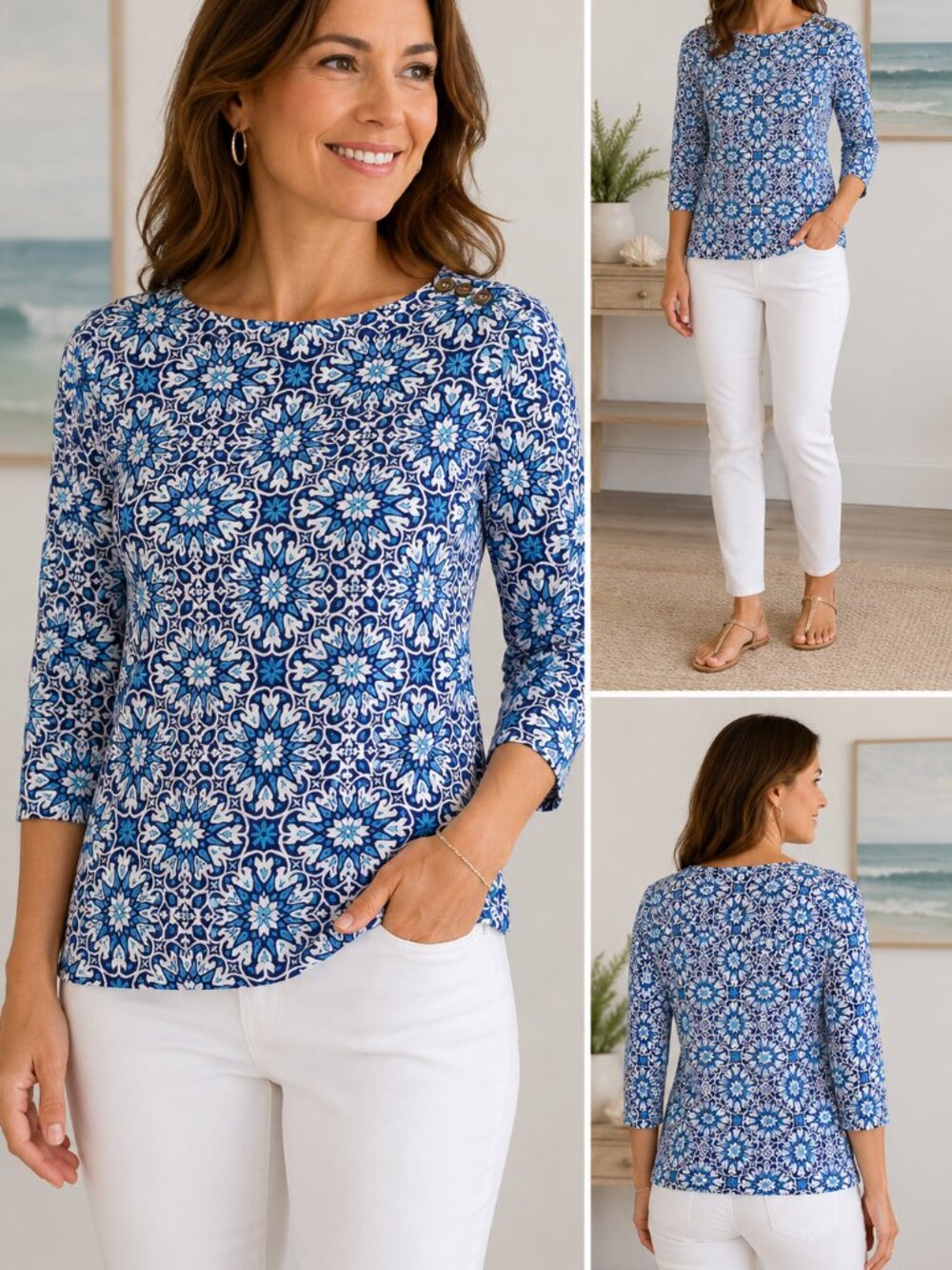 J McLaughlin Womens Small Blue White Tile Print Stretch Knit Top 3/4 Sleeve